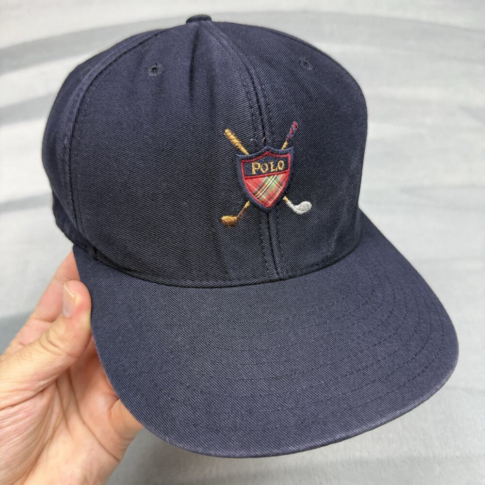 Vintage 90s Polo Ralph Lauren Golf Fitted Hat Navy Blue Plaid Crest Size Large